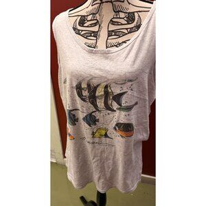 VTG Gray Heathered Tank Top with Tropical Fish, "Hawaii" Faded Graphic on Front